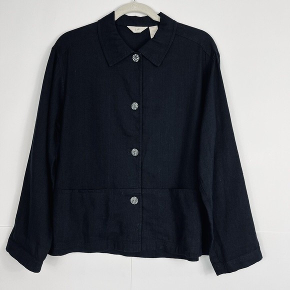 J. Jill Womens XS Linen Blend Button Up Blouse Relaxed Fit Minimalist LS Black - Picture 1 of 10